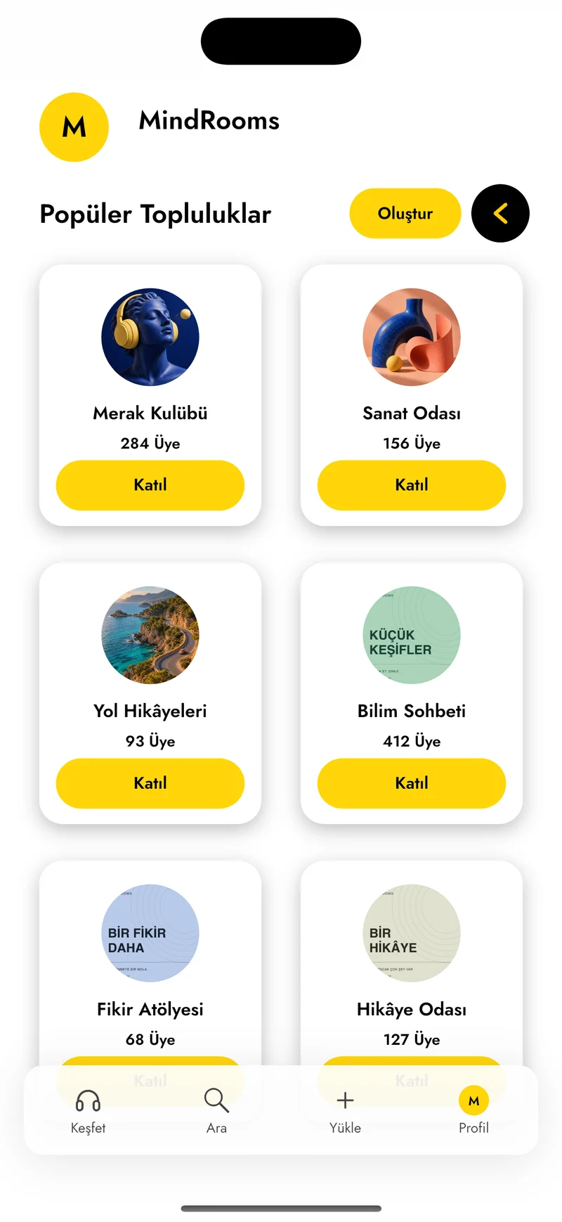 MindRooms community discovery screen